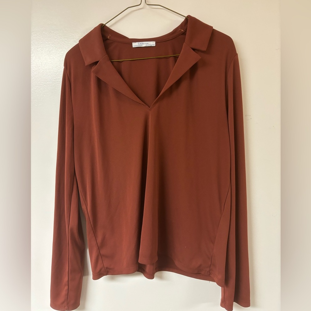 Zara rusty brown collared top long sleeve medium cottagecore boho